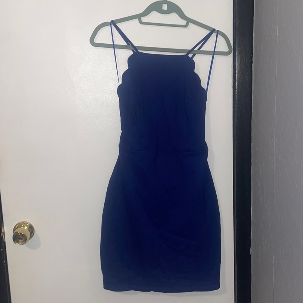 Lulu’s Blue Scalloped Mini Dress with open back